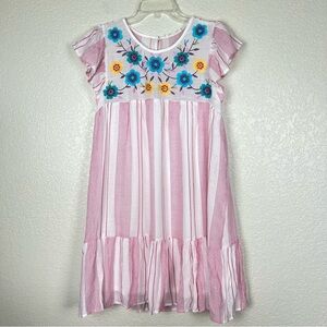 Blu Pepper Womens Boho Embroidered Pink Striped Floral Ruffle Dress Medium New